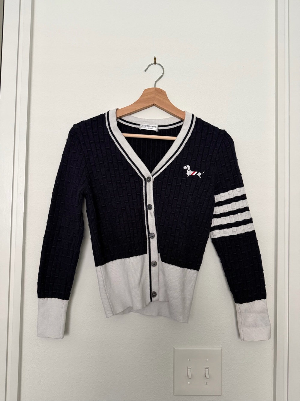 THOM BROWNE • cotton cable knit dachshund cardigan sweater